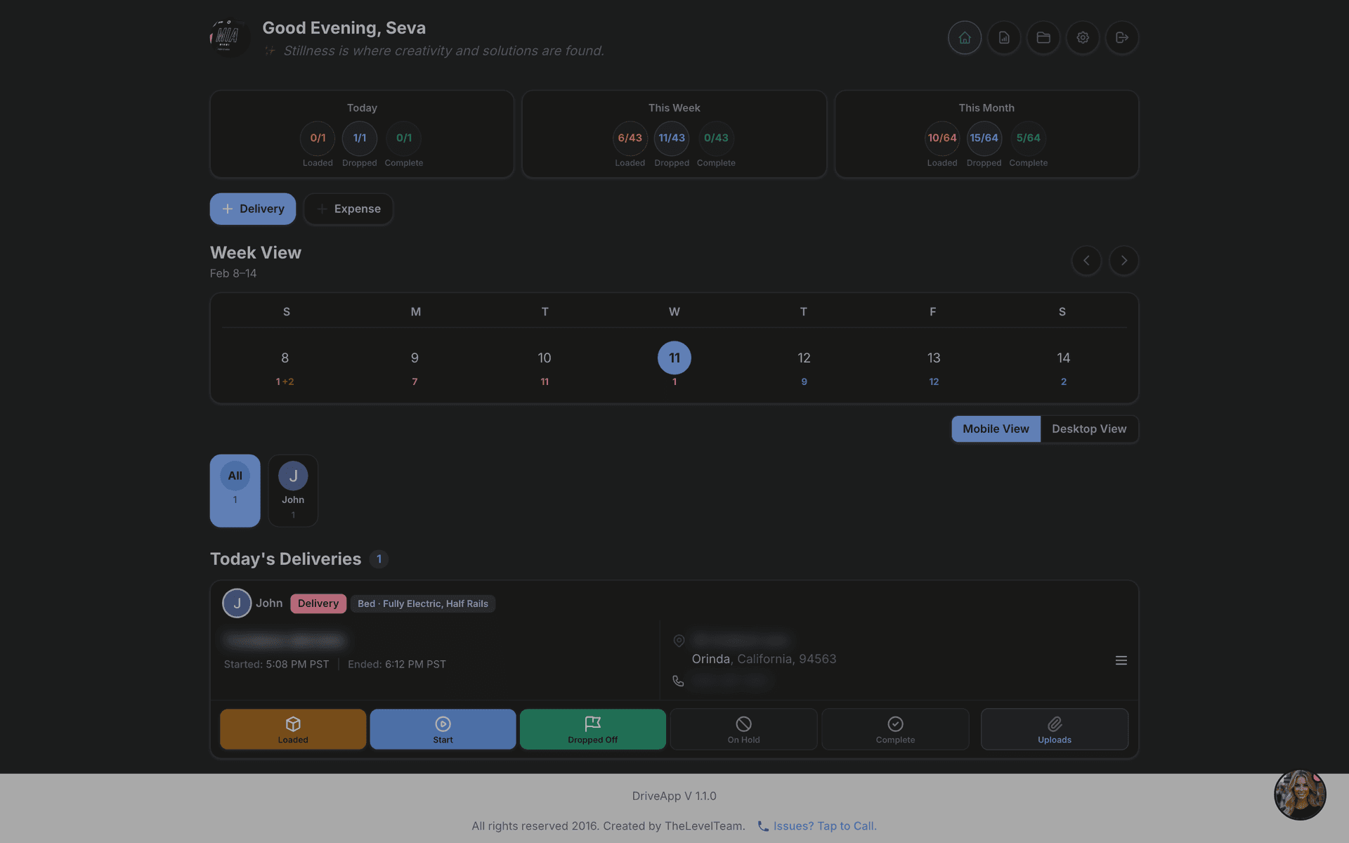 Admin dashboard with delivery stats and calendar
