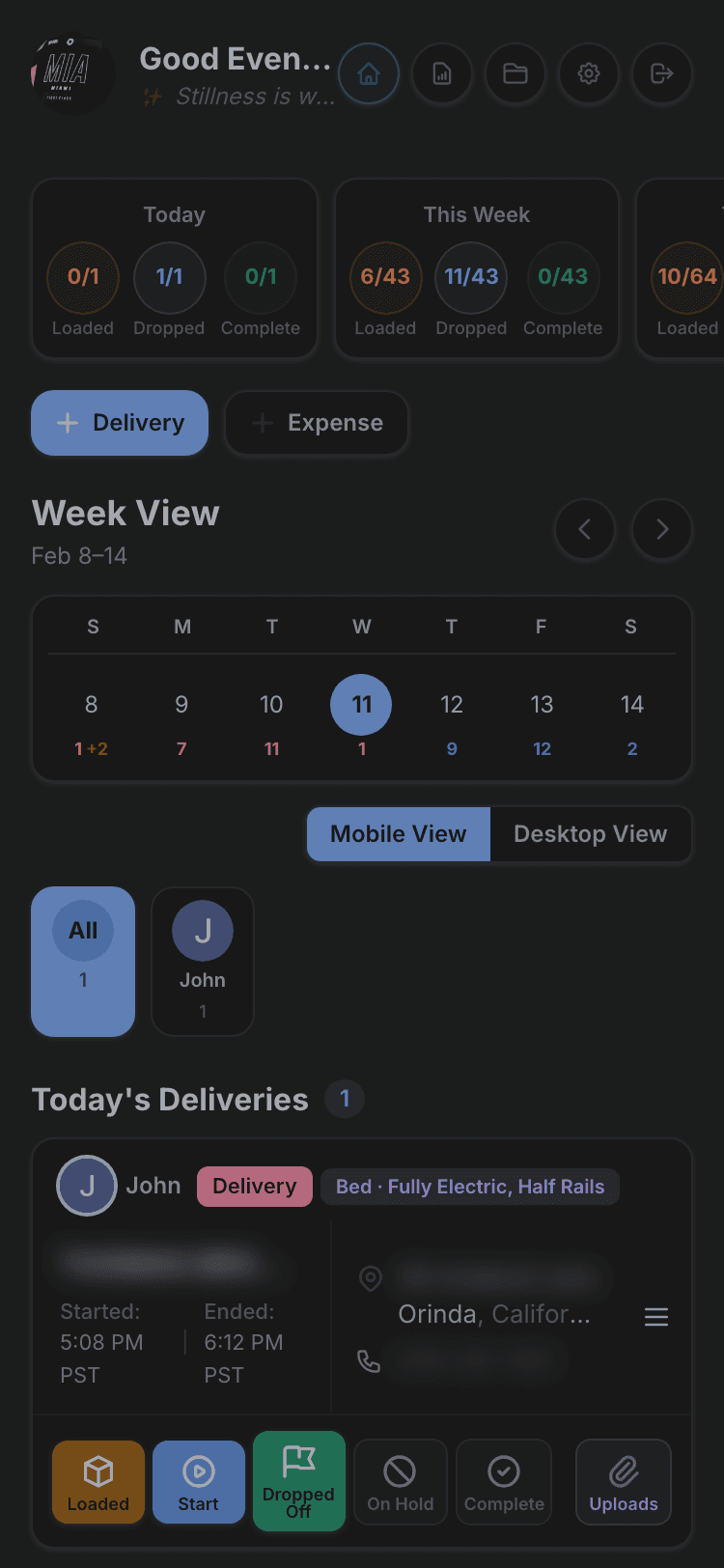 Mobile dashboard view